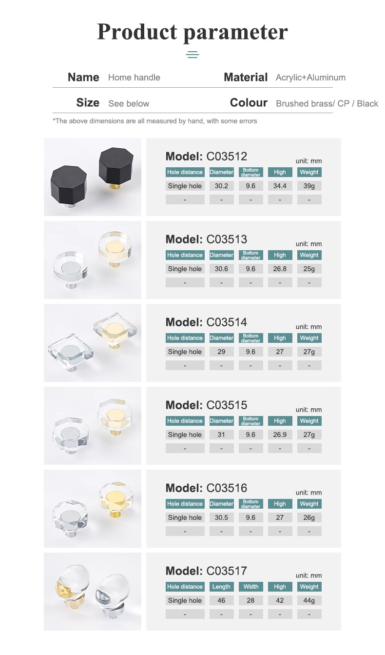 Flat High Quality Brass Crystal Knob Classic Hardware Cabinet Handles