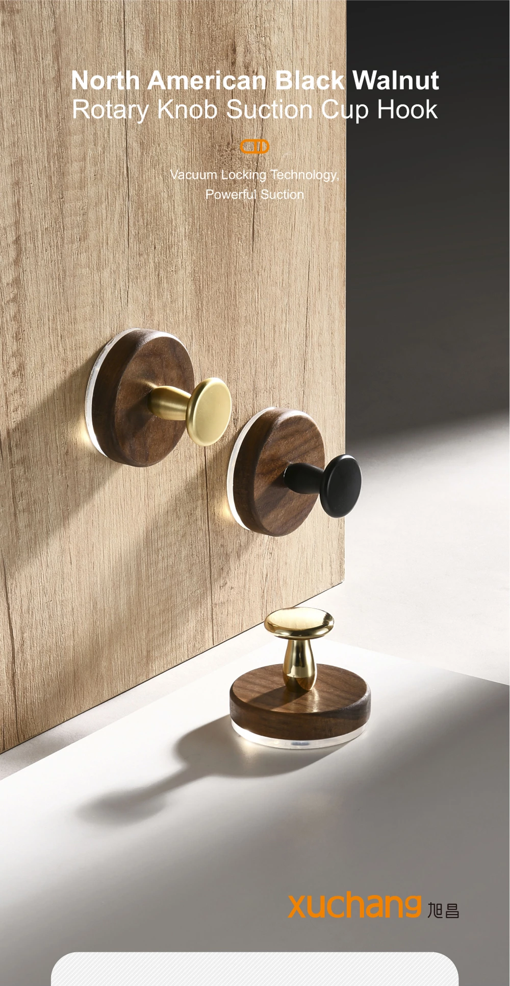 No Drill Walnut Suction Hooks - Adhesive Bathroom Kitchen Door Back Hangers for Hat Coat Organizer