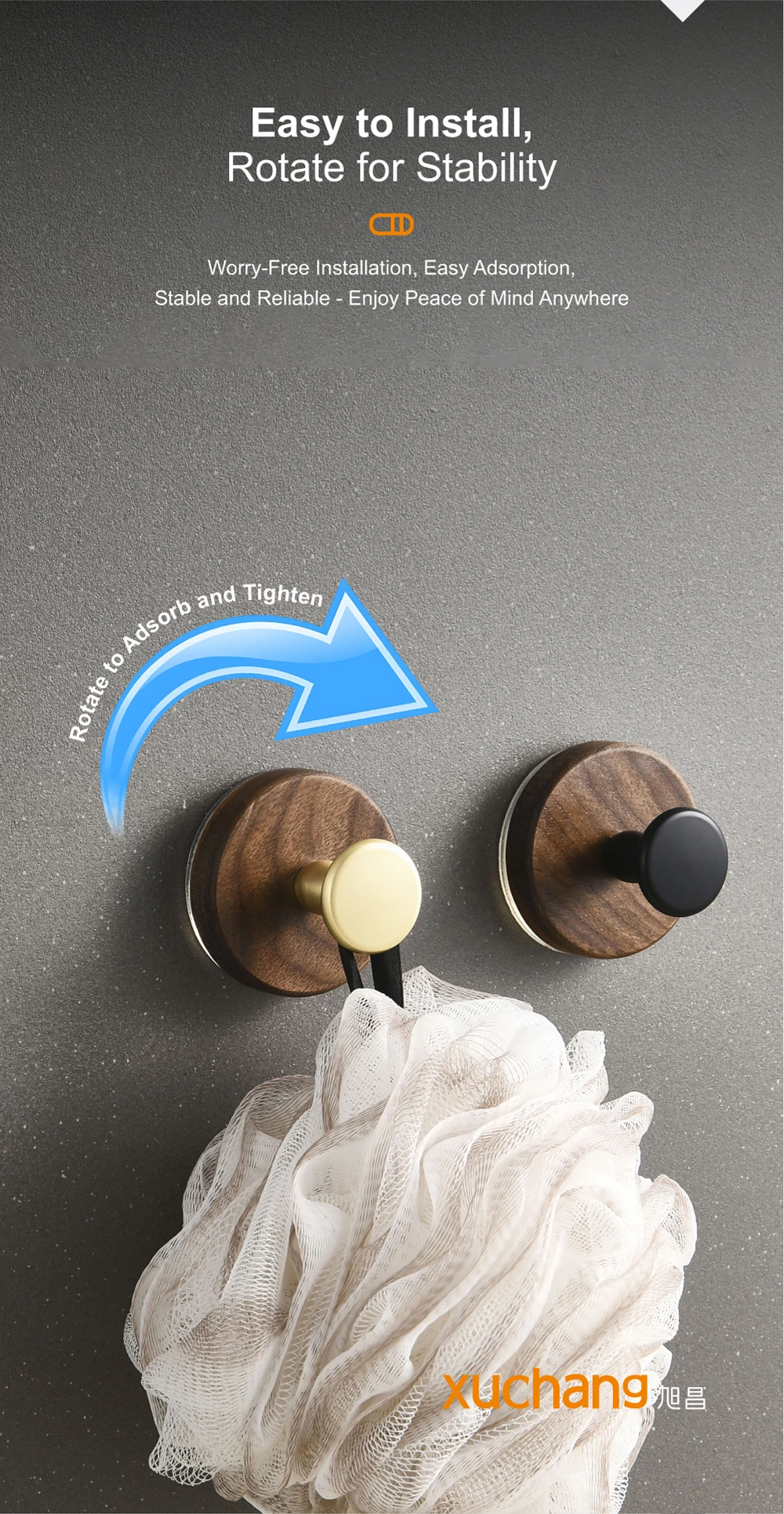 No Drill Walnut Suction Hooks - Adhesive Bathroom Kitchen Door Back Hangers for Hat Coat Organizer