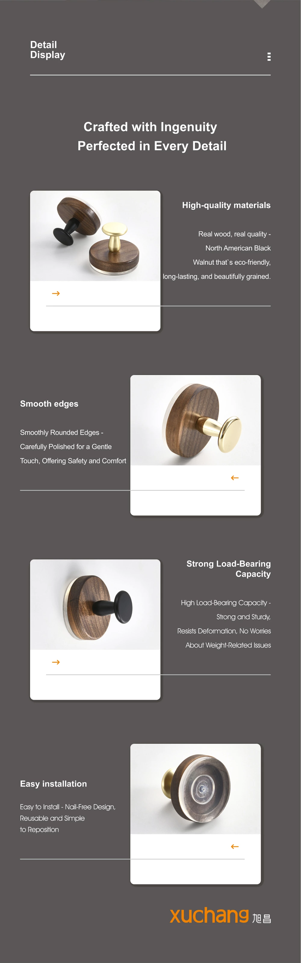 No Drill Walnut Suction Hooks - Adhesive Bathroom Kitchen Door Back Hangers for Hat Coat Organizer